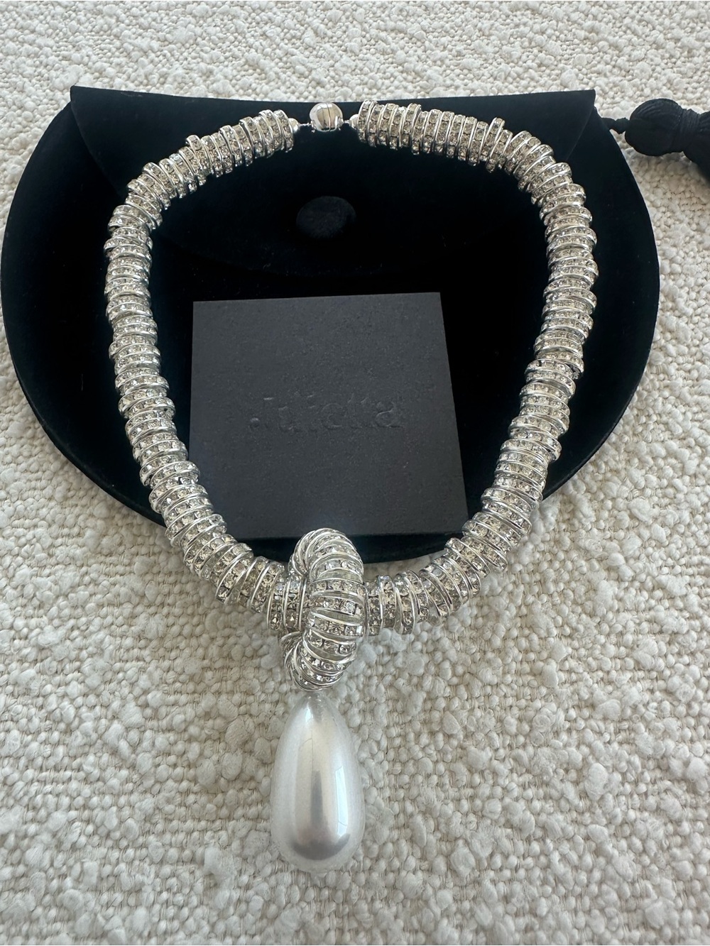julietta Silver Statement Necklace with Large Pearl Drop new in pouch